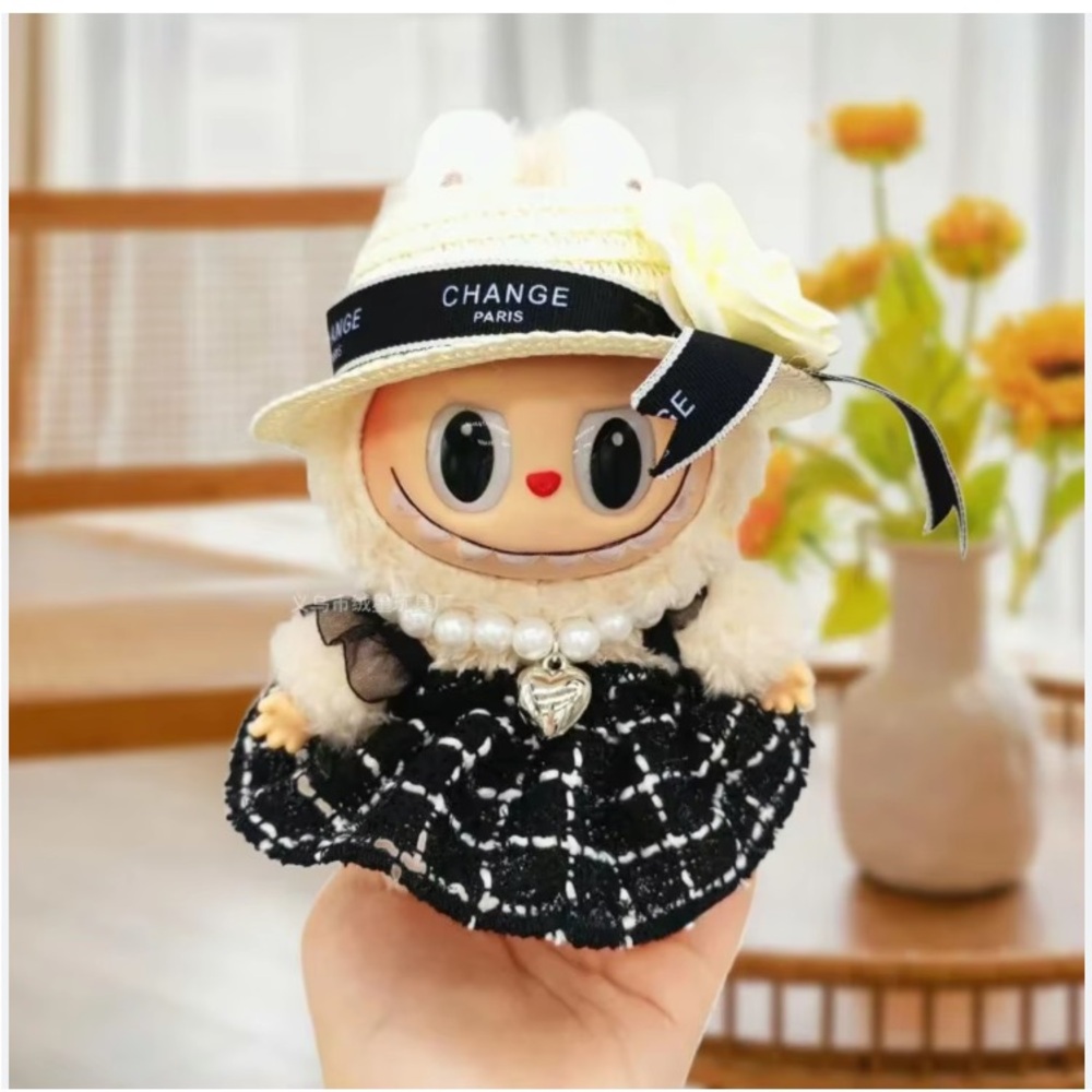 Labubu clothes  Black and White Dress hat and pearls